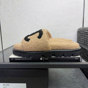 CHANEL 26S SLIDE SANDALS IN BLACK AND BEIGE SHEARLING OPEN TOE