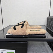 CHANEL 26S SLIDE SANDALS IN BLACK AND BEIGE SHEARLING SQUARE TOE