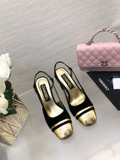 HIGH SLINGBACKS IN BLACK SUEDE AND GOLDEN LAMBSKIN