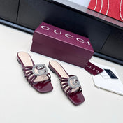 GUCCI 26S FLAT SLIDES IN DARK RED CALFSKIN WITH CRYSTAL