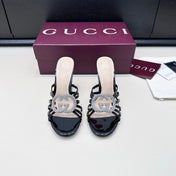 GUCCI 26S HEELED SANDALS 85 MM IN BLACK CALFSKIN WITH CRYSTAL
