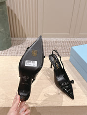 PRADA 26S POINTED-TOE SLINGBACK HEELS 85MM IN BLACK CROC-EMBOSSED CALFSKIN