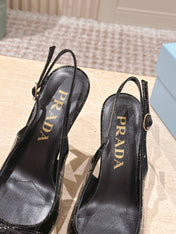 PRADA 26S POINTED-TOE SLINGBACK HEELS 85MM IN BLACK CROC-EMBOSSED CALFSKIN