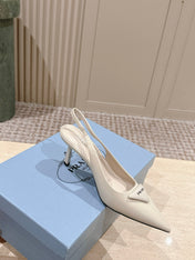 PRADA 26S POINTED-TOE SLINGBACK HEELS 75MM IN LIGHT BEIGE PATENT CALFSKIN