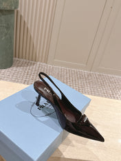 PRADA 26S POINTED-TOE SLINGBACK HEELS 75MM IN DARK BROWN PATENT CALFSKIN