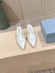 PRADA 26S POINTED-TOE SLINGBACK HEELS 75MM IN WHITE SHINY CALFSKIN