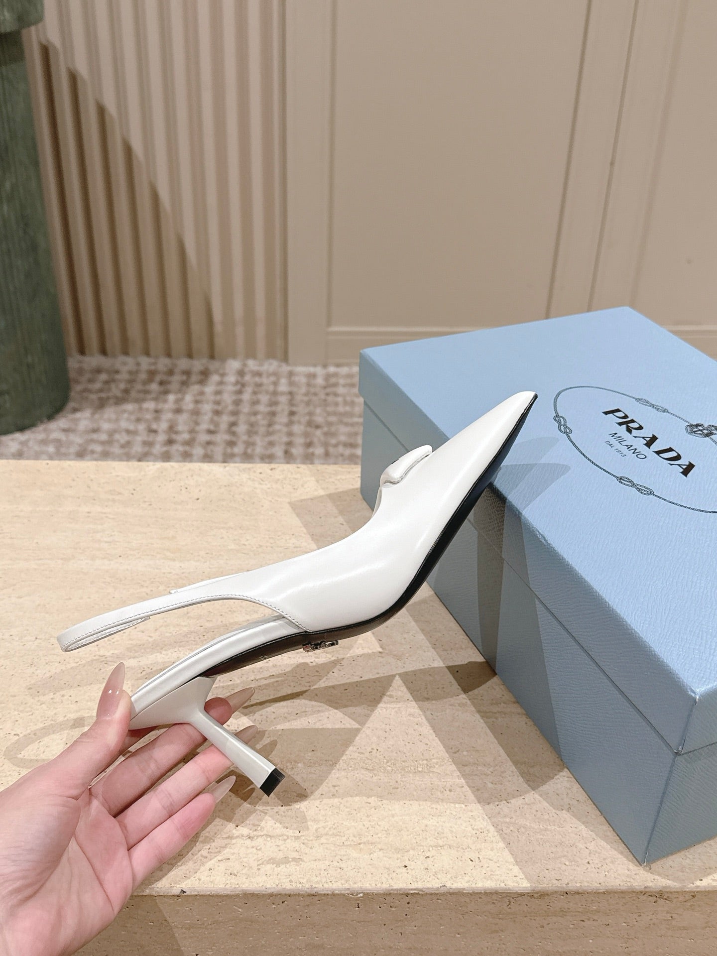 PRADA 26S POINTED-TOE SLINGBACK HEELS 75MM IN WHITE SHINY CALFSKIN