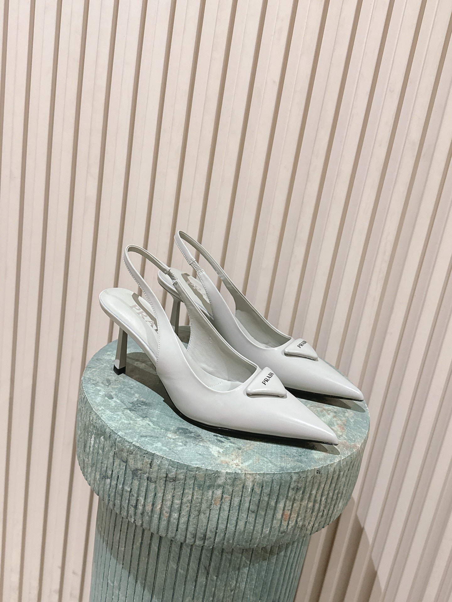 PRADA 26S POINTED-TOE SLINGBACK HEELS 75MM IN SOFT GRAY SHINY CALFSKIN