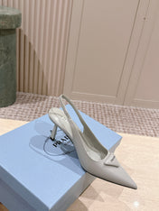 PRADA 26S POINTED-TOE SLINGBACK HEELS 75MM IN SOFT GRAY SHINY CALFSKIN