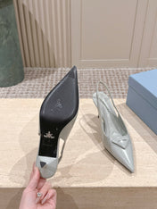 PRADA 26S POINTED-TOE SLINGBACK HEELS 75MM IN SOFT GRAY SHINY CALFSKIN