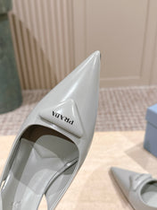 PRADA 26S POINTED-TOE SLINGBACK HEELS 75MM IN SOFT GRAY SHINY CALFSKIN