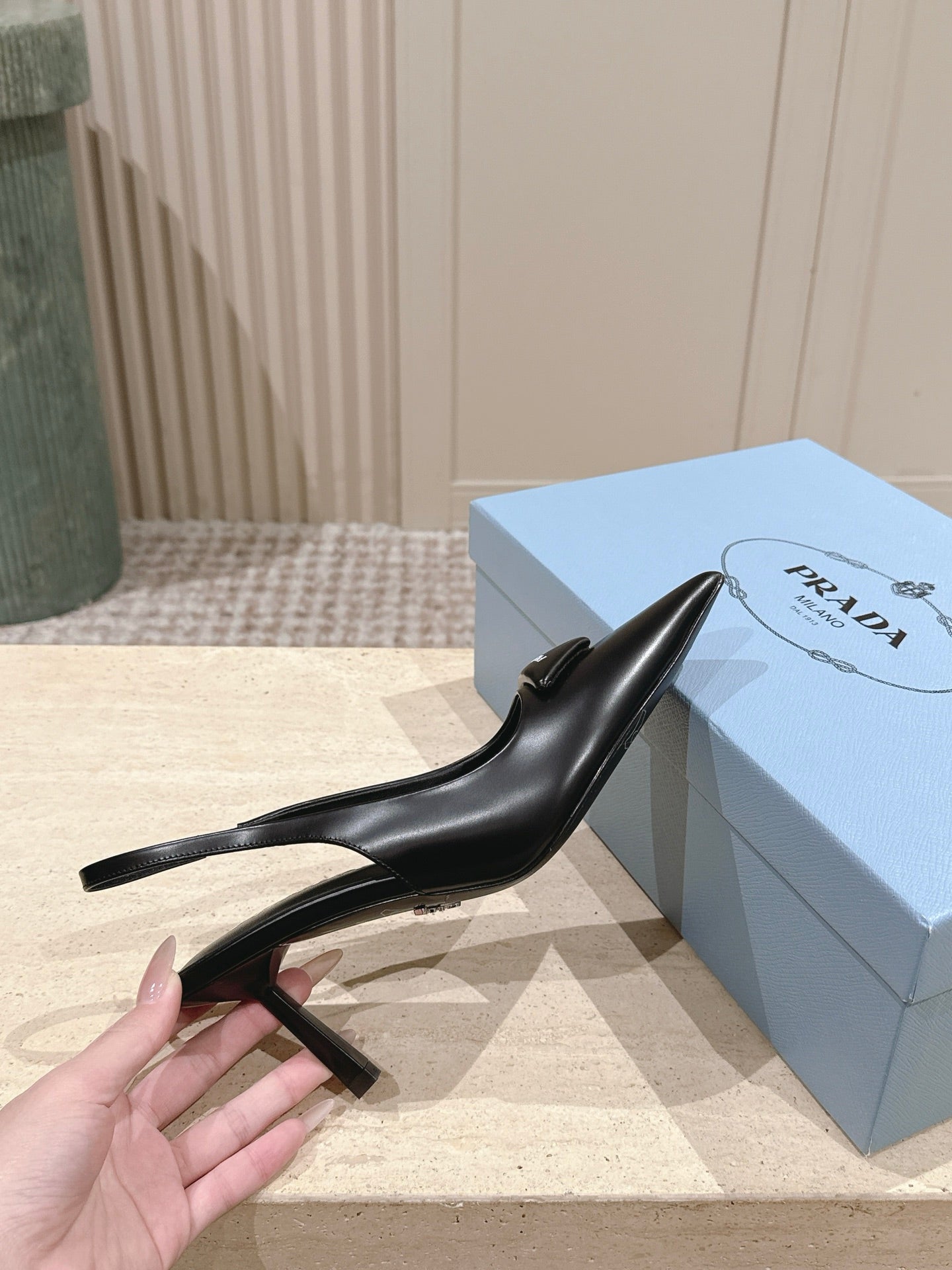 PRADA 26S POINTED-TOE SLINGBACK HEELS 75MM IN BLACK SHINY CALFSKIN