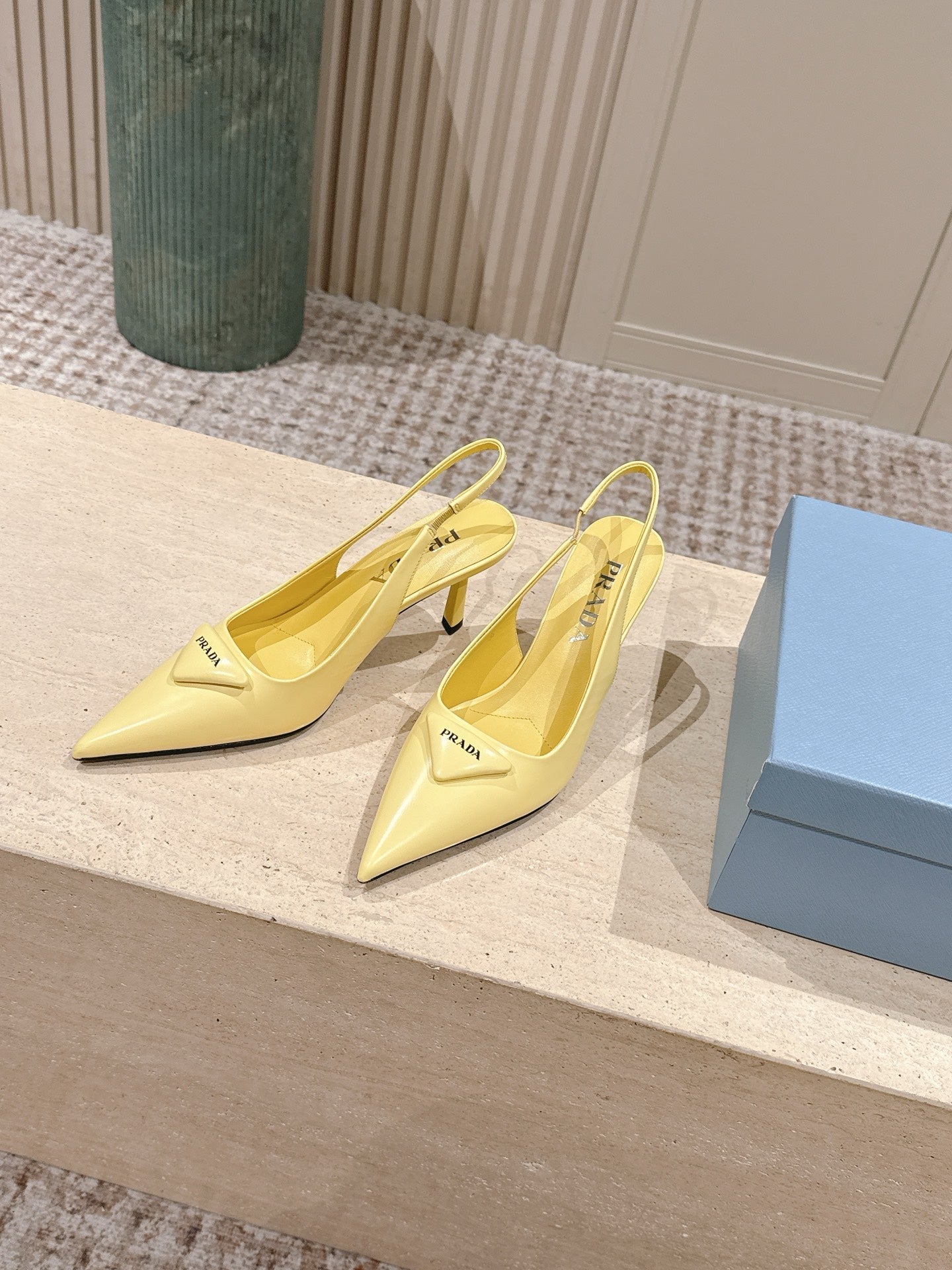 PRADA 26S POINTED-TOE SLINGBACK HEELS 75MM IN PASTEL YELLOW SHINY CALFSKIN