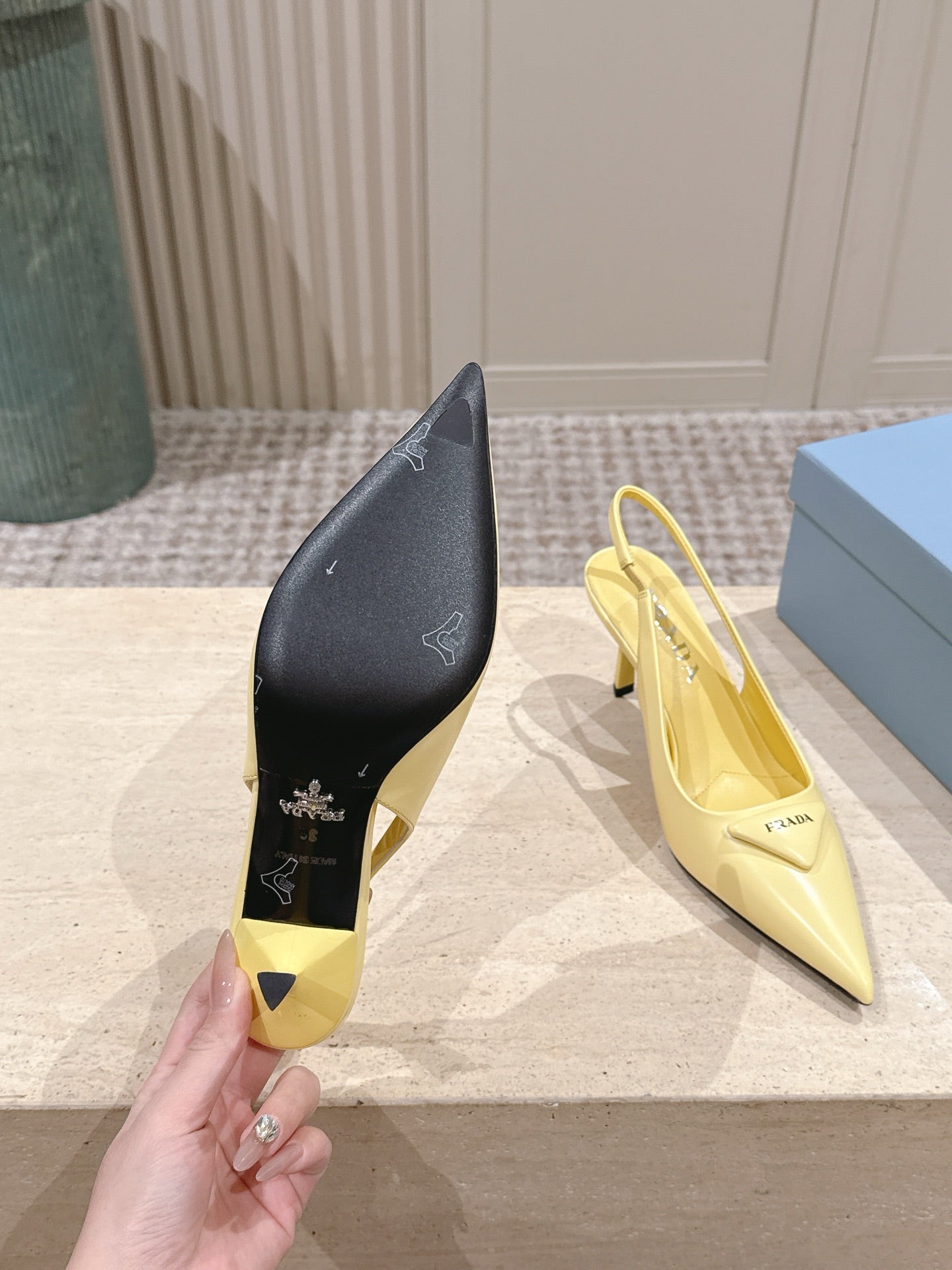 PRADA 26S POINTED-TOE SLINGBACK HEELS 75MM IN PASTEL YELLOW SHINY CALFSKIN