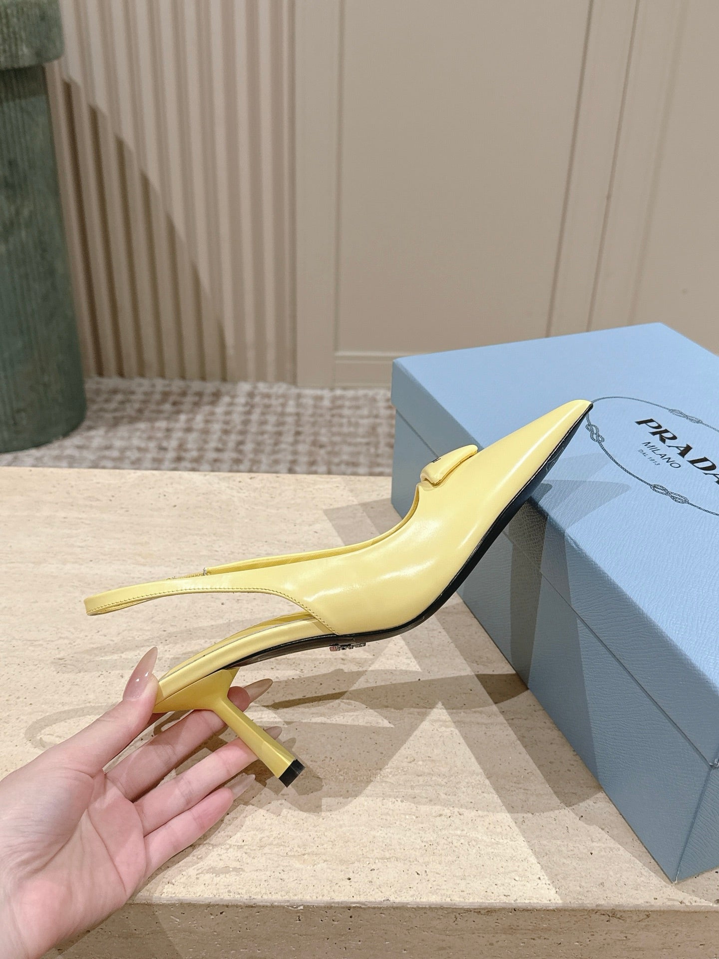 PRADA 26S POINTED-TOE SLINGBACK HEELS 75MM IN PASTEL YELLOW SHINY CALFSKIN
