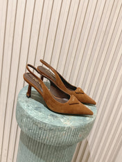 PRADA 26S POINTED-TOE SLINGBACK HEELS 75MM IN CARAMEL BROWN SUEDE WITH LOGO