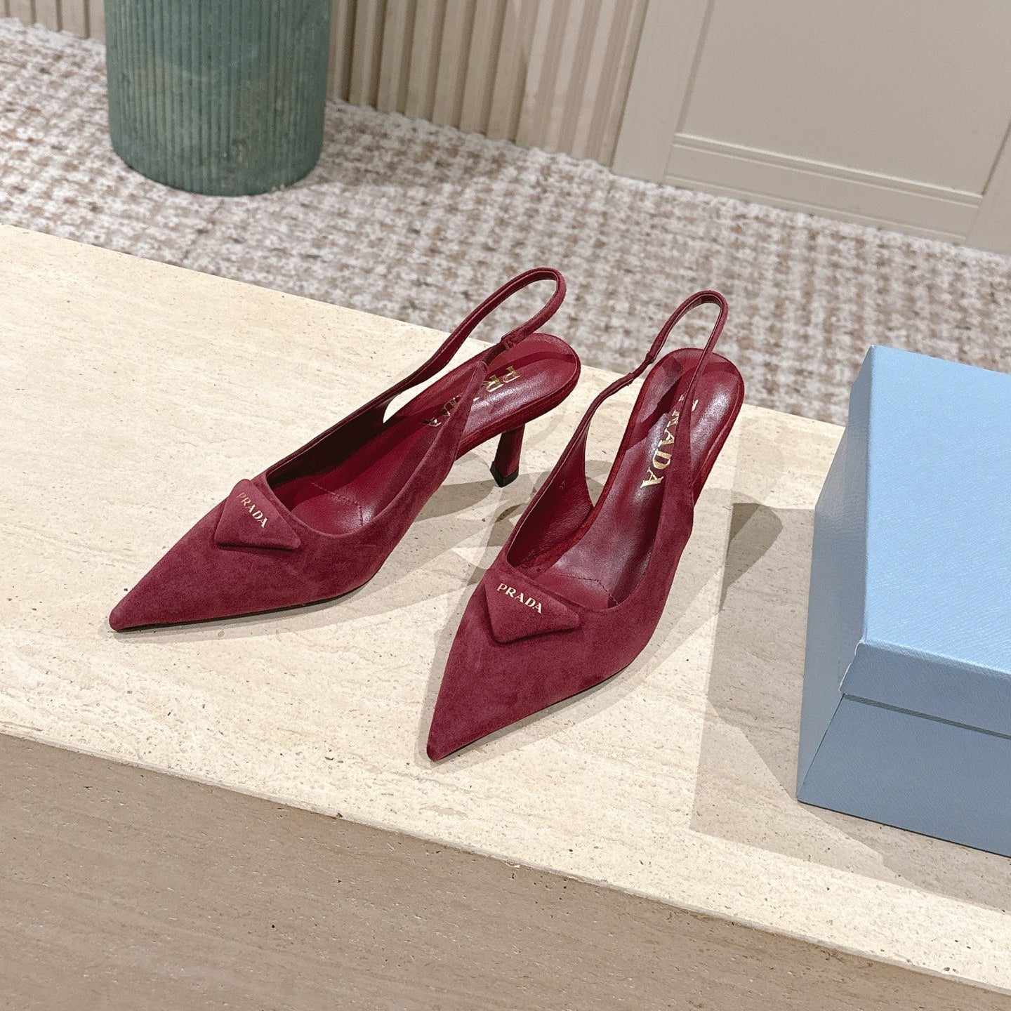 PRADA 26S POINTED-TOE SLINGBACK HEELS 75MM IN DARK RED SUEDE WITH LOGO
