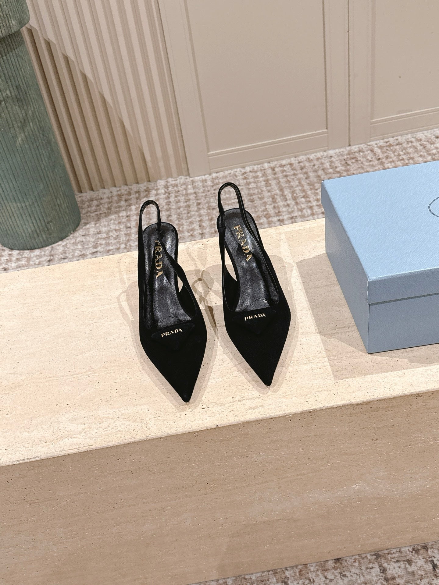 PRADA 26S POINTED-TOE SLINGBACK HEELS 75MM IN BLACK SUEDE WITH LOGO