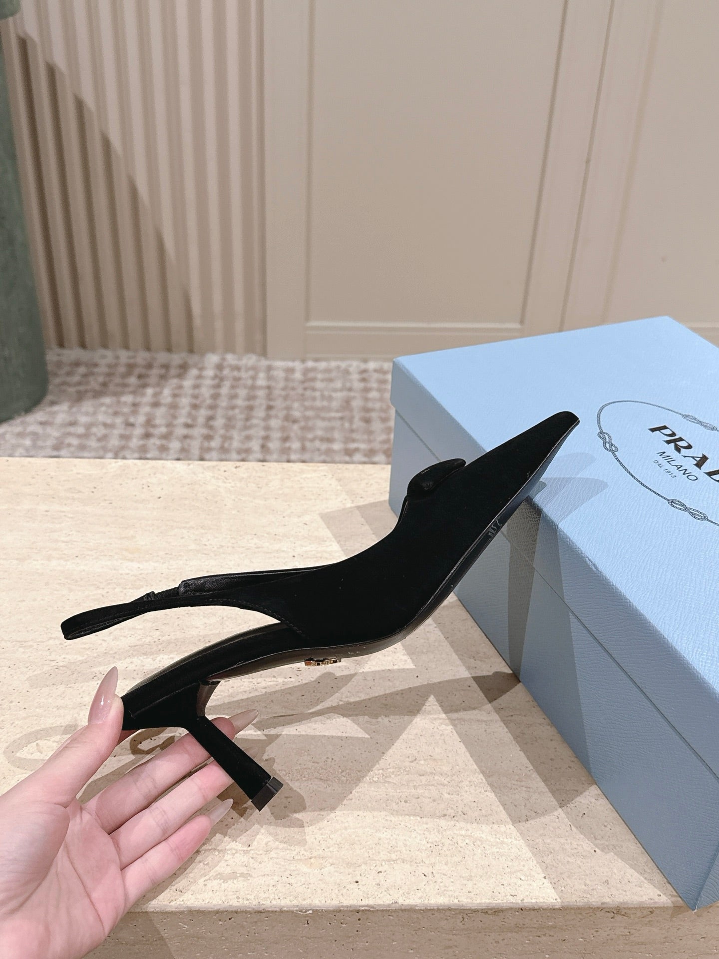 PRADA 26S POINTED-TOE SLINGBACK HEELS 75MM IN BLACK SUEDE WITH LOGO