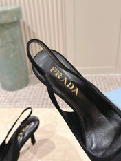 PRADA 26S POINTED-TOE SLINGBACK HEELS 75MM IN BLACK SUEDE WITH LOGO