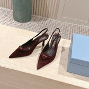 PRADA 26S POINTED-TOE SLINGBACK HEELS 75MM IN BURGUNDY BROWN SUEDE WITH LOGO