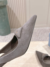 PRADA 26S POINTED-TOE SLINGBACK HEELS 75MM IN TAUPE GRAY SUEDE WITH LOGO