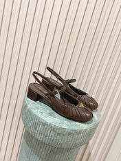 PRADA 26S SLINGBACK SANDALS 40MM IN DARK BROWN CALFSKIN WITH LOGO