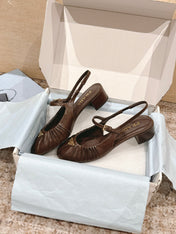 PRADA 26S SLINGBACK SANDALS 40MM IN DARK BROWN CALFSKIN WITH LOGO
