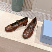 PRADA 26S MARY JANE 40MM IN CARAMEL BROWN CALFSKIN WITH LOGO