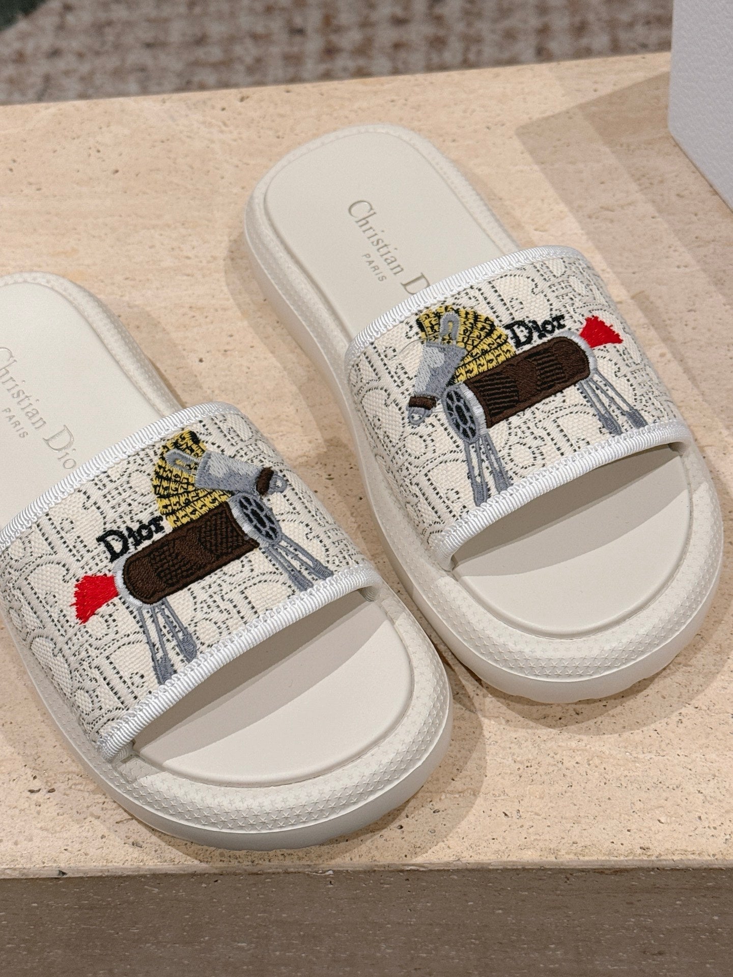 DIOR 26S SLIDE SANDALS IN WHITE LACE MONOGRAM EMBROIDERED CANVAS