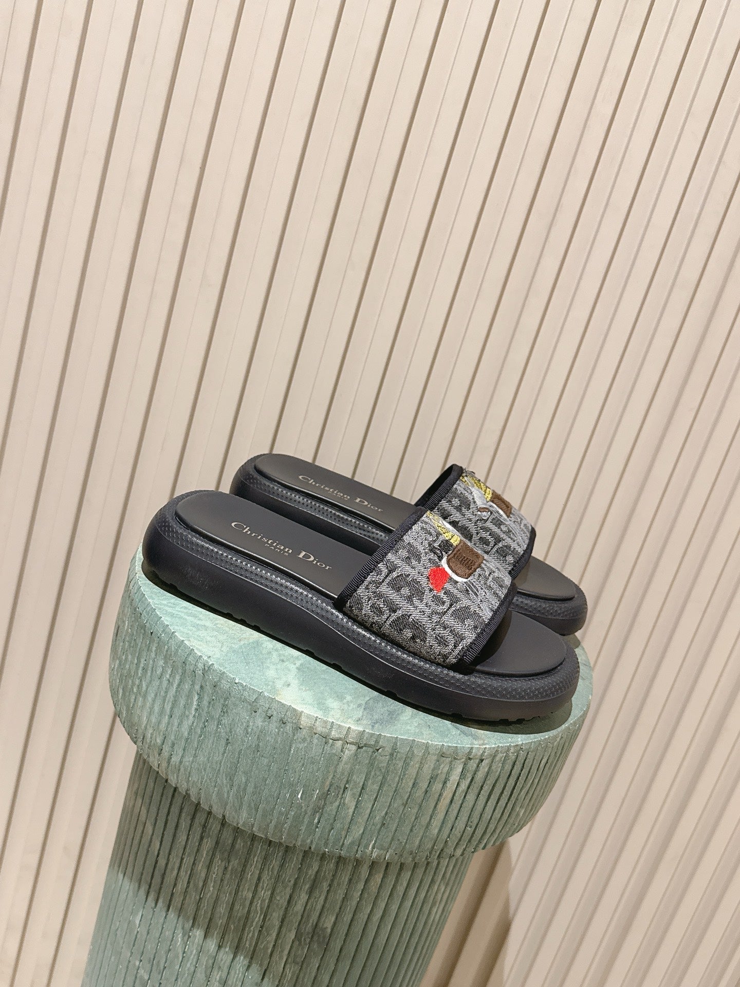 DIOR 26S SLIDE SANDALS IN GREY MONOGRAM EMBROIDERED CANVAS