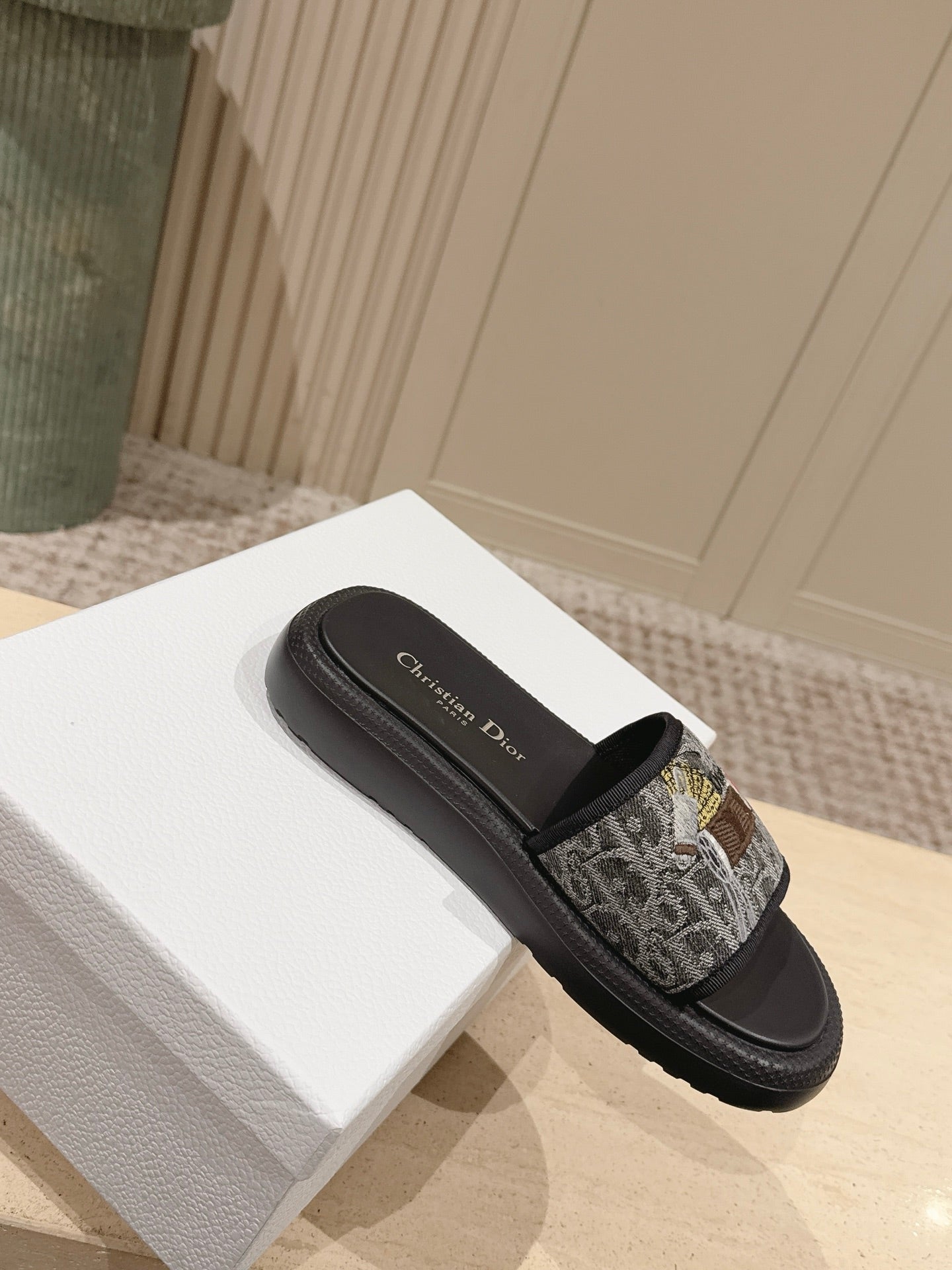 DIOR 26S SLIDE SANDALS IN GREY MONOGRAM EMBROIDERED CANVAS