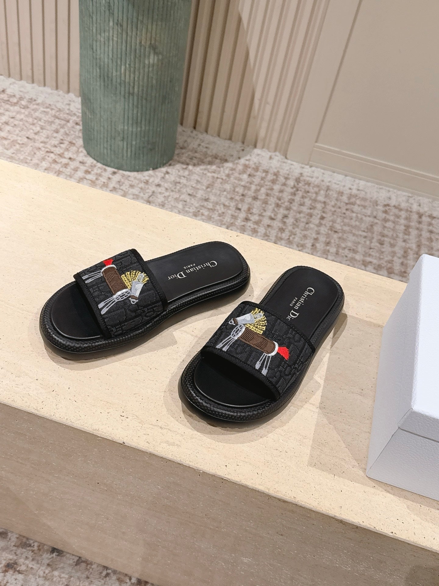DIOR 26S SLIDE SANDALS IN BLACK MONOGRAM EMBROIDERED CANVAS