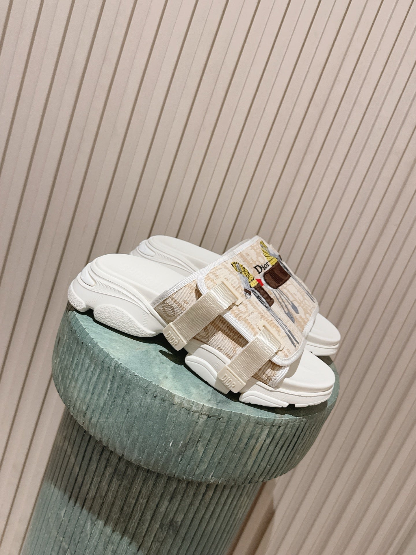 DIOR 26S DOUBLE STRAP SLIDE SANDALS IN BEIGE MONOGRAM CANVAS