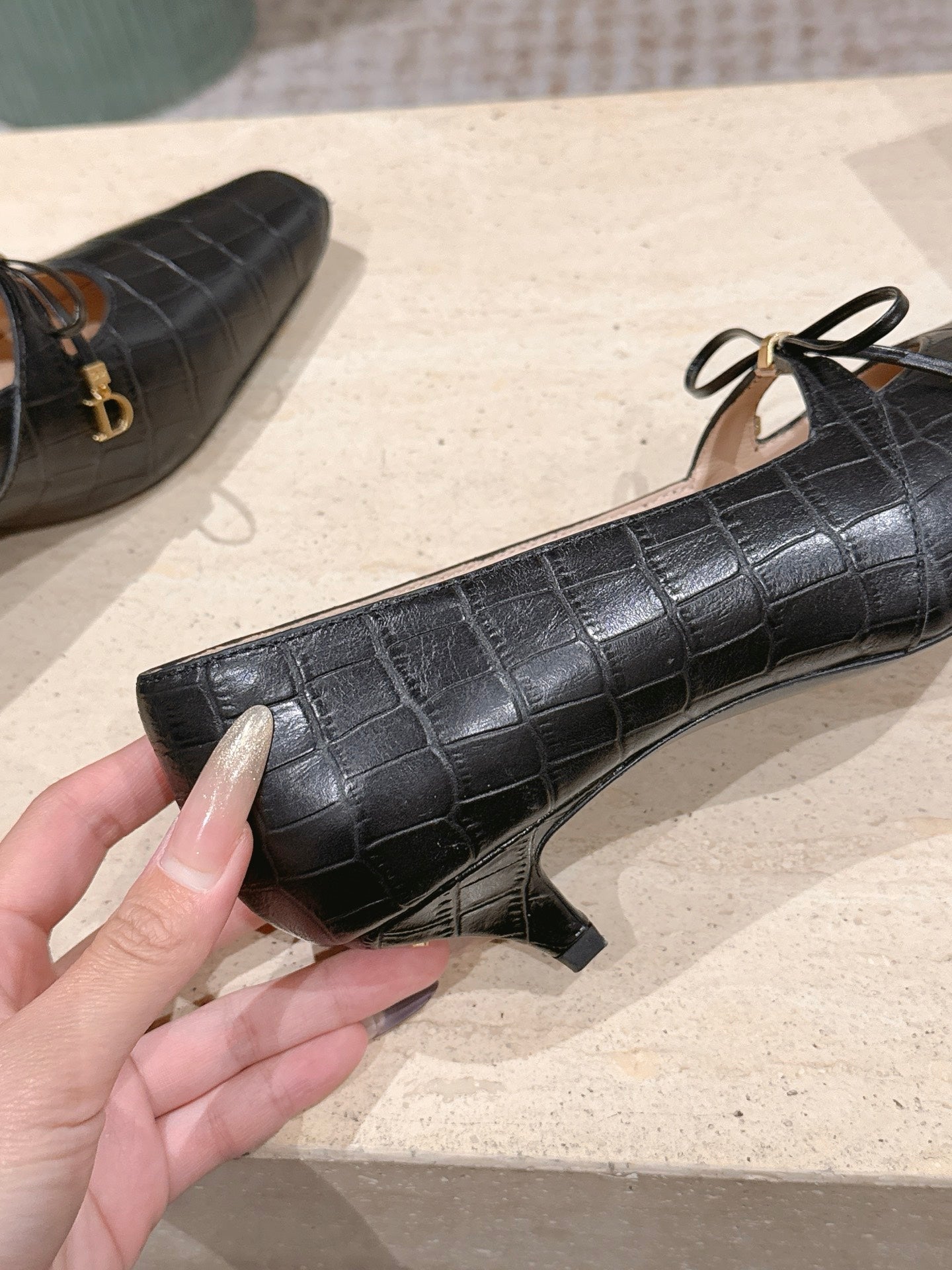 DIOR 26S MARY JANE KITTEN HEEL 40MM IN BLACK CROCODILE EMBOSSED CALFSKIN
