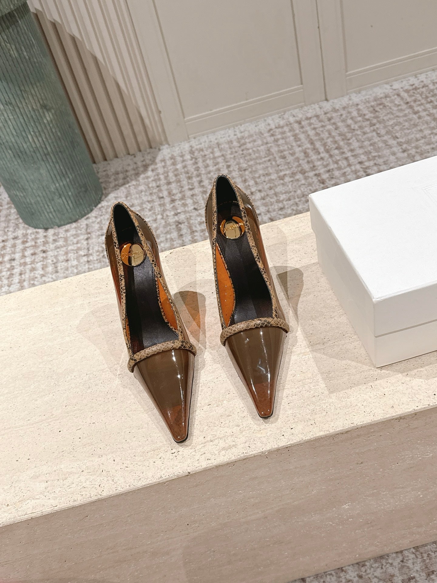 YSL 26S POINTED-TOE PUMPS 100 MM IN TRANSPARENT BROWN TPU WITH PYTHON-TRIMMED
