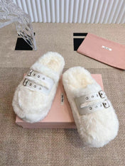 MULES IN WHITE RABBIT FUR SILVER HARDWARE