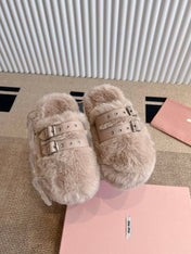 MULES IN BEIGE RABBIT FUR SILVER HARDWARE