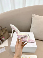 DIOR 26S KITTEN HEEL SLIDE SANDALS 85MM IN PINK MONOGRAM CANVAS CALFSKIN CHAIN STRAP