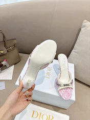 DIOR 26S KITTEN HEEL SLIDE SANDALS 85MM IN PINK MONOGRAM CANVAS CALFSKIN CHAIN STRAP