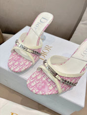 DIOR 26S KITTEN HEEL SLIDE SANDALS 85MM IN PINK MONOGRAM CANVAS CALFSKIN CHAIN STRAP