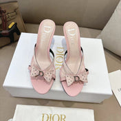 DIOR 26S KITTEN HEEL SANDALS 85MM IN PINK CALFSKIN BOW STUDDED