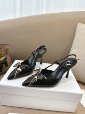 DIOR 26S SLINGBACK KITTEN HEEL PUMPS 85MM IN BLACK CALFSKIN STUDDED BOW STRAP