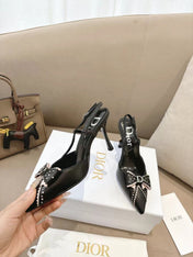 DIOR 26S SLINGBACK KITTEN HEEL PUMPS 85MM IN BLACK CALFSKIN STUDDED BOW STRAP