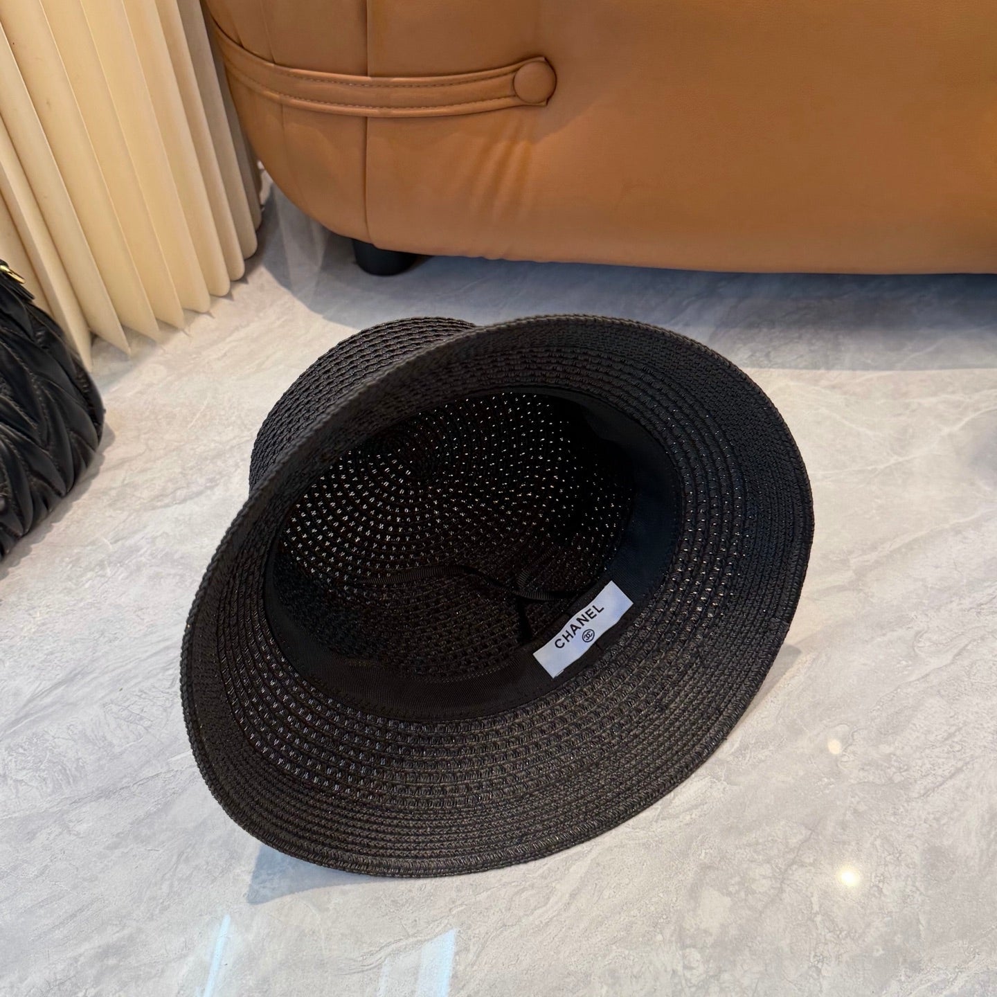 CHANEL 26S FLAT-BRIM STRAW HAT WITH RAISED CC LOGO 338106