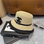 CHANEL 26S FLAT-BRIM STRAW HAT WITH RAISED CC LOGO 338107