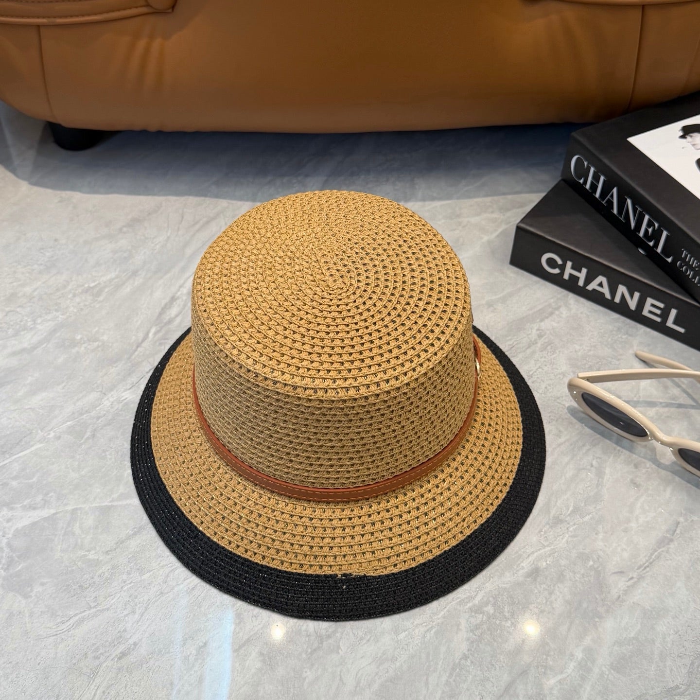 CHANEL 26S FLAT-BRIM STRAW HAT WITH RAISED CC LOGO 338108