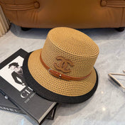 CHANEL 26S FLAT-BRIM STRAW HAT WITH RAISED CC LOGO 338108