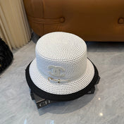 CHANEL 26S FLAT-BRIM STRAW HAT WITH RAISED CC LOGO 338109