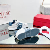 VL7N LOW-TOP WHITE CALFSKIN AND AEGEAN BLUE FABRIC SNEAKER WITH BANDS